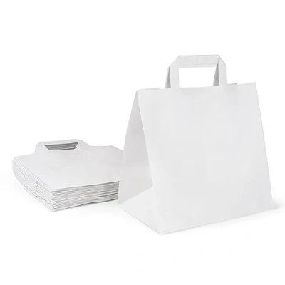 Abbildung von Inoverse 250 Stück Papiertragetaschen, Geschenktüten, 32+12x40 cm Papiertüten mit Henkel, Weiß Kraftpapier Tüten, Papiertüte für Einkaufen, Papiertaschen, Groß