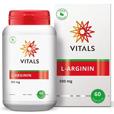 Abbildung von Vitals L Arginin 500mg 60 Kapseln. Semi essenzielle Aminosäure. 100% Vegan. in einer pflanzlichen Kapsel, ergänzt mit Hilfsstoffen aus natürlichen Quellen.