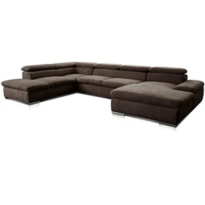 Abbildung von Cavadore Wohnlandschaft Alkatraz im modernen Design / U Form mit Longchair links und Ottomane rechts Inkl. Bettfunktion + Kopfteilverstellung 350 x 73 226 Braun
