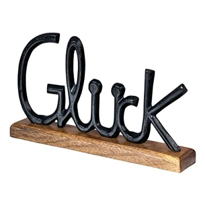 Abbildung von Levandeo® Deko Schriftzug, Schriftzug Glück L30cm Metall Schwarz Mango Holz Tischdeko