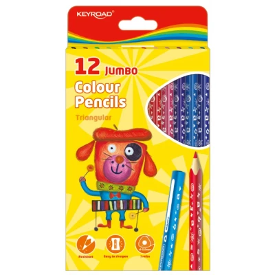 Abbildung von Keyroad Buntstifte Dreikantform JUMBO 12 Stück/Mischfarben/Erwachsene und Kinder/Weicher Graphit/Ideal für MalbücherLoch zum Aufhängen/Komfortabel Handflächengriff Kleinkinder