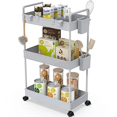 Abbildung von Ronlap Rollwagen Küchewagen mit 3 Ebenen, Servierwagen Aufhängebecher, Separator, Haken, Regal auf Rollen für Küche, Schlafzimmer, Büro, Grau