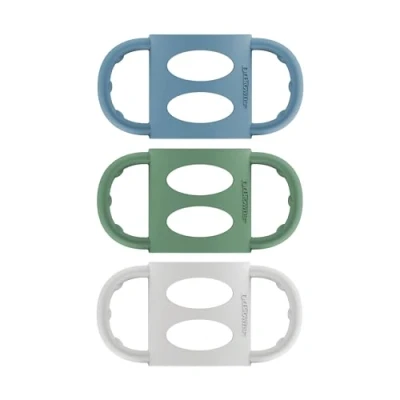Abbildung von Dr. Brown&#039;s Milestones Griffe für Babyflaschen, 100% Silikon, schmal, Blau, Grün, Grau, 3er Pack, ab 4 Monaten