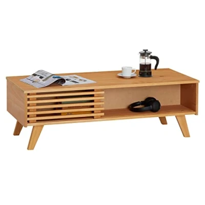 Abbildung von IDIMEX Couchtisch Sean, mit 2 Fächern in braun, eleganter Beistelltisch im skandinavischen Design, praktischer Wohnzimmertisch Schiebtür aus massiver Kiefer