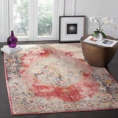 Abbildung von SAFAVIEH Traditionell Teppich für Wohnzimmer, Esszimmer, Schlafzimmer Bristol Collection, Kurzer Flor, Fuchsia und Hellgrau, 122 X 183 cm