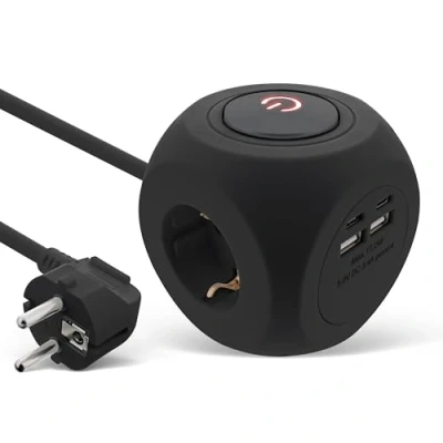 Abbildung von InLine 7 in 1 Steckdosenwürfel mit USB, Charging Cube, 3X Schutzkontakt, 2X USB C, A, Schalter, 2m Kabel, Steckdosenleiste, Mehrfachstecker, Tischsteckdose, 3680W, schwarz, 16499B