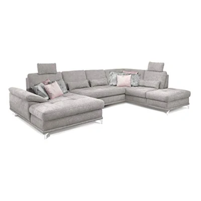 Abbildung von Cavadore Wohnlandschaft Castiel mit Federkern / Großes Schlafsofa in U Form Bettkasten, Sitztiefenverstellung und Kopfstützen 368 x 114 232 Webstoff, Hellgrau