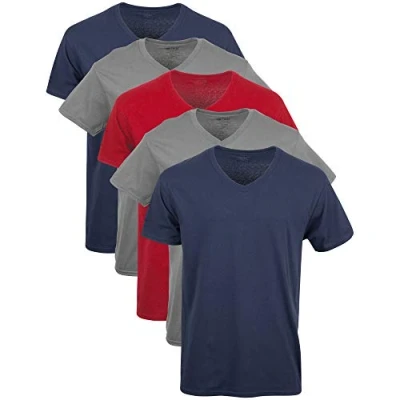 Abbildung von Gildan Herren T Shirts mit V Ausschnitt, Multipack, Stil G1103 Unterwäsche, Marineblau/Anthrazit/Kardinalrot (5er Pack), XX Large