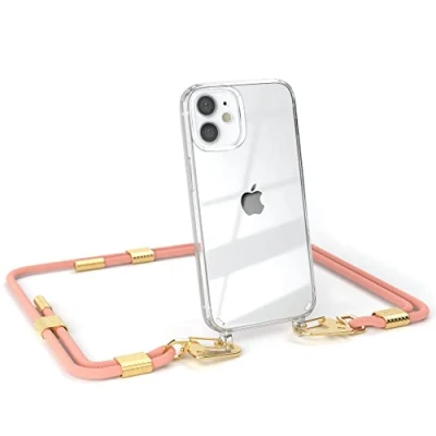 Abbildung von EAZY CASE kombinierbare Handyketten kompatibel mit iPhone 12 Mini, Transparente Silikon Hülle stylischen Umhängeband, Abnehmbarer Karabiner, Band, Handykordel, Korall Clips Gold