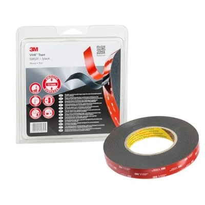 Abbildung von 3M VHB 5952F Montage Klebeband doppelseitig starke und dauerhafte Verbindung von Metallen, pulverbeschichteten Lacken, Glas, versiegeltem Holz, ABS 19mm x 11m, Schwarz, Dicke: 1.1mm (1 er Pack)