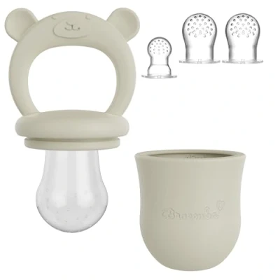 Abbildung von Baby Fruchtsauger &amp; 3 Schnuller 100% Silikon Nahrungsschnuller mit Beißring, Fruchtschnuller für Obst, Gemüse Babynahrung, BPA frei Broemba