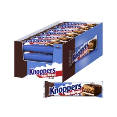 Abbildung von Knoppers NussRiegel Dark 24 x 40g Waffelriegel mit Milch und Nugatcreme Gebäckstückchen, gehackten Haselnüssen zartem Karamell, umhüllt von dunkler Milchschokolade