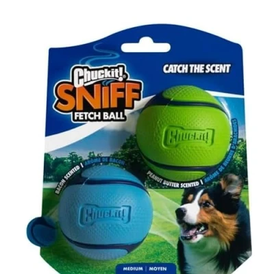 Abbildung von Chuckit! Sniff Fetch Ball Duo 2 Hunde Trackingbälle Bälle mit Speck und Erdnussbutterduft Robuster dickem Kern Größe: Medium Durchmesser: 6,5 cm