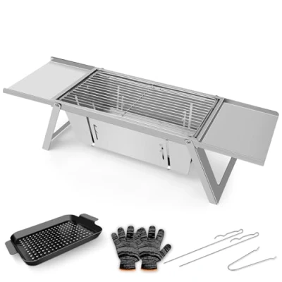 Abbildung von E EASTSTORM Barbecue Grill Klein Edelstahl Holzkohlegril Klappgrill Tragbar Picknickgrill Portable für Outdoor Garten Party 54x21x17.5CM