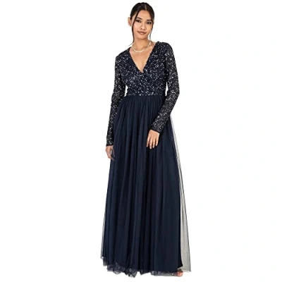 Abbildung von Maya Deluxe Damen Ladies Maxi Dress For Women With Long Sleeves V Neckline Plunging Sequin Embellished Wedding Gue Kleid, Navy, 42 EU