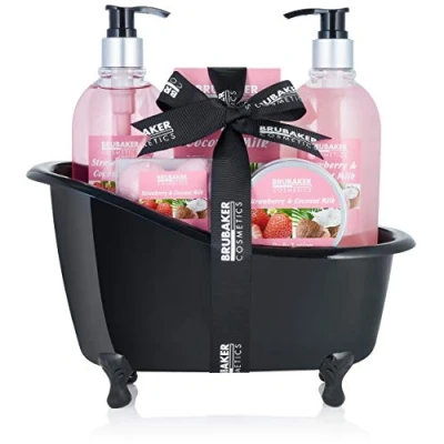 Abbildung von BRUBAKER Hautreinigungs Set Bade und Dusch Set, 9 tlg., Beauty Geschenkset mit Deko Badewanne Schwarz, Pflegeset Erdbeere &amp; Kokos Duft, Badeset Wellness