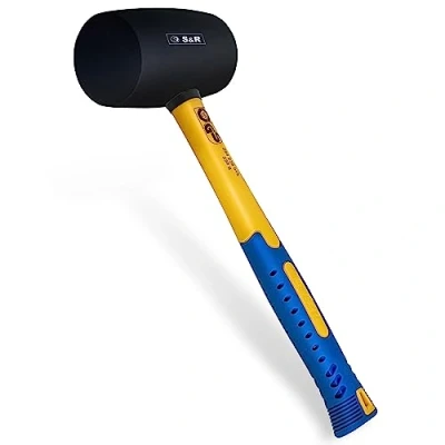 Abbildung von S&amp;R Gummihammer Schwarz 230g aus Naturkautschuk mit rutschfestem stoßdämpfendem Fiberglasstiel, ⌀=45 mm, Schonhammer für Außenarbeiten zB. Pflastersteine, Klinker, Fliesen, Camping GS geprüft