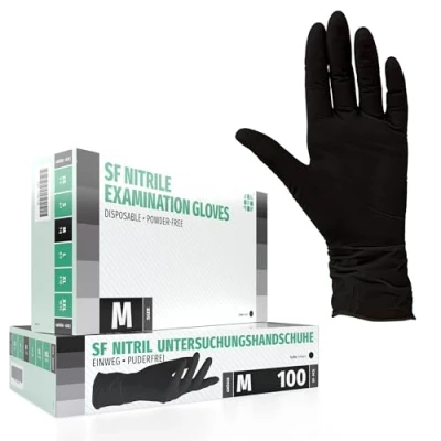 Abbildung von SF Nitrilhandschuhe M Schwarz 100 Stück Einweghandschuhe, Einmalhandschuhe, Puderfrei, Latexfrei, Gummihandschuhe Einweg zum Kochen, Putzen, für Medizin, Küche, Garten, Werkstatt, Tattoo, Haushalt