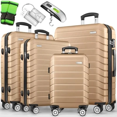 Abbildung von tillvex® Reisekoffer Set 4 TLG. + Gepäckwaage, 8X Koffergurte &amp; 4X Kofferanhänger Kofferset Rollen Trolley Gepäck Koffer TSA Schloss Rollkoffer Hartschalenkofferset S M L XL (Champagner)