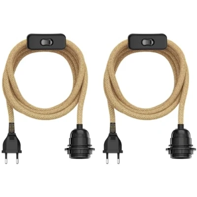 Abbildung von ledscom.de 2 Stück Hanf Kabel/Textilkabel LEKA, Stecker, Schalter, beige, 3 m, Lampen Fassung, 1x E27 max. 60W