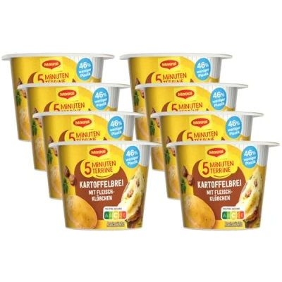 Abbildung von MAGGI 5 Minuten Terrine Kartoffelbrei: Fleischklößchen, leckeres Fertiggericht mit Rindfleisch, Instant Kartoffel Püree, Snack, 8er Pack (8 x 46g)