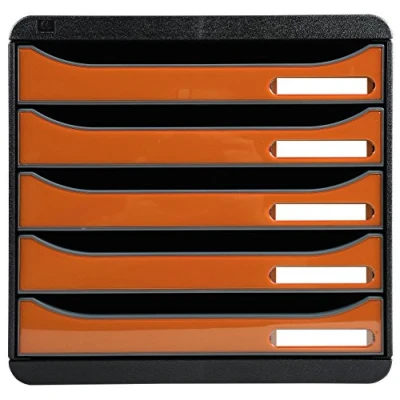 Abbildung von Exacompta 3097288D Premium Ablagebox mit 5 Schubladen für DIN A4+ Dokumente. Stapelbare Schubladenbox hoher Kapazität mehr Platz auf dem Schreibtisch Big Box Iderama SchwarzMandarine