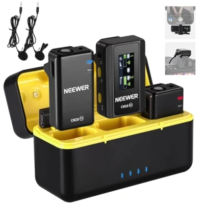 Abbildung von NEEWER CM28 kabelloses Lavalier Mikrofonsystem mit Ladeetui, 2 Mikrofon Clips, 1 klick Geräuschunterdrückung, 4GB Speicher, 9 Std. Spielzeit, Wireless Ansteckmikrofon, kompatibel iPhone/PC/Kamera