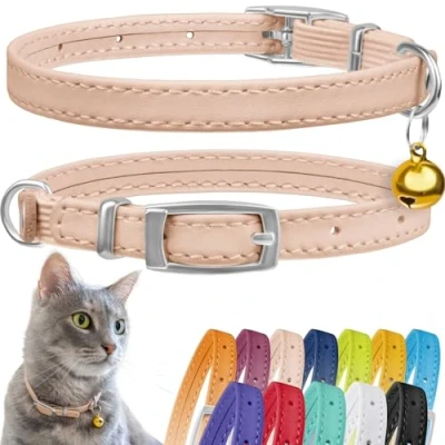 Abbildung von CollarDirect Leder Katzenhalsband mit Sicherheitsverschluss und Glocke, 23 28 cm, Beige