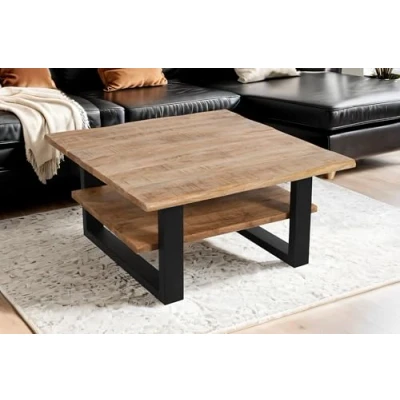 Abbildung von SAM Couchtisch 90x90 cm Patrick, Sofatisch/Beistelltisch mit Ablage, Mangoholz massiv, raue &amp; naturbelassene Oberfläche, U Metallgestell schwarz, echte Baumkante