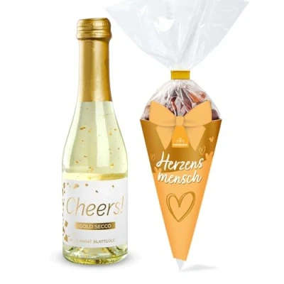 Abbildung von 2er Set Gold Secco Cheers! und Fruchtgummi Herzensmensch 100g Bundle zum Verschenken Geschenk für Hochzeit, Geburtstag oder Valentinstag Freundin Prosecco mit Gummibärchen