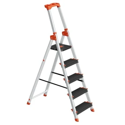 Abbildung von SONGMICS Leiter mit 5 Stufen, Aluleiter, 12 cm breite Stufen Riffelung, Anti Rutsch Füße, Handlauf, Werkzeugschale, bis 150 kg belastbar, schwarz orange GLT05BK