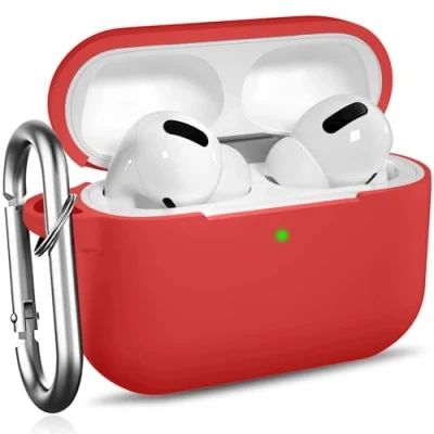 Abbildung von Ouwegaga Kompatibel mit AirPods Pro Hülle Stoßfeste Silikon Case Schutzhülle [Front LED Sichtbar] Karabiner Apple 2019, Rot