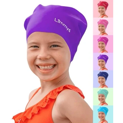 Abbildung von Limmys Premium Badekappe Kinder, badehaube Kinder Langes und kurzes Haar Schwimmkappe für Mädchen Jungen Hochwertige Qualität, Dehnbare &amp; Bequeme (L, Lila L)