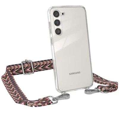 Abbildung von EAZY CASE Handykette Einstellbarer Trageriemen kompatibel mit Samsung Galaxy S23 Plus, Schulterriemen, Riemen, Hülle aus Silikon, DIY Kettenkombination, Beere/Rosa Metall Silber