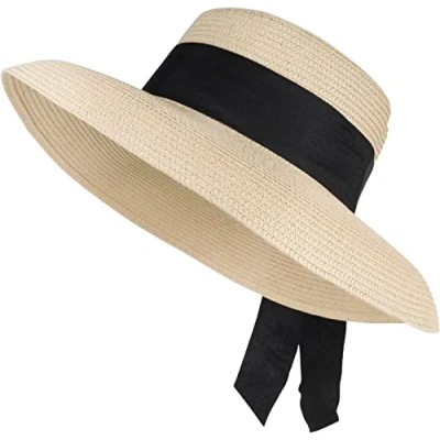 Abbildung von styleBREAKER Damen Sonnenhut mit breitem Schwarzem Zierband, breite Krempe, Strohhut, Papierstroh Hut 04025036, Farbe:Beige