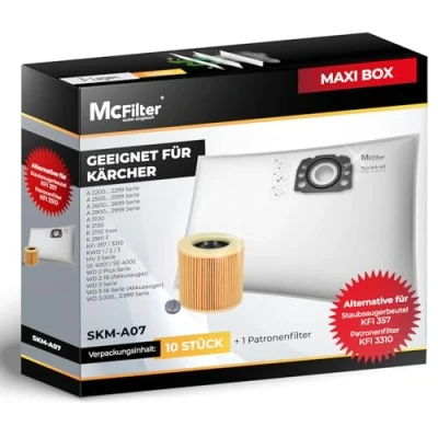 Abbildung von McFilter Staubsaugerbeutel geeignet für Kärcher + Patronenfilter, passend KFI 357, WD 2 Plus, 3 Serie, KWD 1 3, SE 4001, 4002, 11 St., wie 2.863 314.0, Nass /Trockensauger