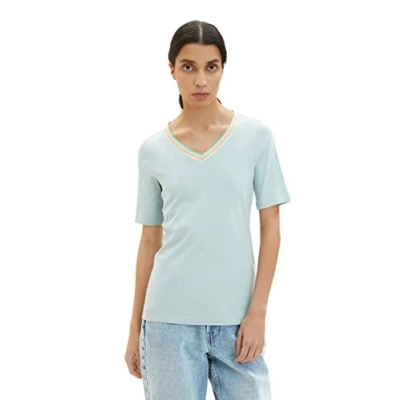 Abbildung von TOM TAILOR Damen 1035472 Basic T Shirt mit V Ausschnitt, 30463 Dusty Mint Blue, M