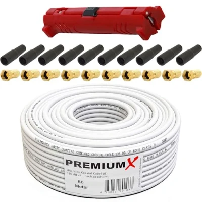 Abbildung von PremiumX 50m BASIC Koaxialkabel 135dB 4 fach SAT Kabel Montage Set