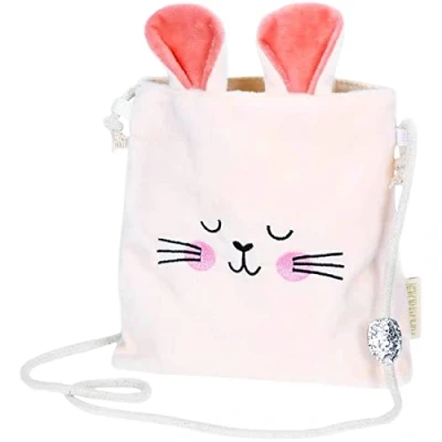 Abbildung von Papierdrachen Hasen Handtasche rosa mit Schulterriemen aus Samt Hasengesicht und Ohren Glitzerdetail Geschenk zu Ostern Umhängetasche Mädchen