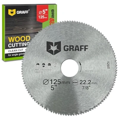 Abbildung von 125 mm Winkelschleifer Trennscheibe für Holz, Sperrholz, Laminat, Trockenbau, Kunststoff Sägeblatt mit 22,23 Bohrung 2 Super Feinschnitt Kreissägeblatt GRAFF