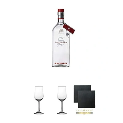 Abbildung von Schladerer Sauerkirschwasser 0,7 Liter + 2 Bugatti Nosing Gläser mit Eichstrich 2cl und 4cl Schiefer Glasuntersetzer eckig ca. 9,5 cm Ø