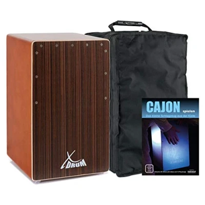 Abbildung von XDrum Cajon El Bajo Bass Port Cocoa Brown/Ebony Set mit POrt, Edelholz Furnier Schlagflächen &amp; fest installiertem Snare Teppich inkl. Gigbag Cajonschule für Einsteiger