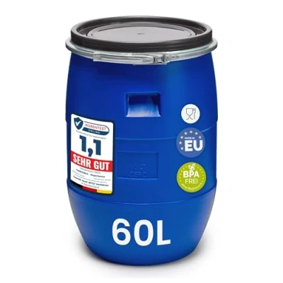 Abbildung von Garronda 60 Liter Deckelfass Weithalsfass aus HDPE Regenfass für Garten Fass 60l Wassertonne Futtertonne Wasserbehälter Universalfass Wasserfass Lebensmittelfass Wassertank GD 0078, Blau