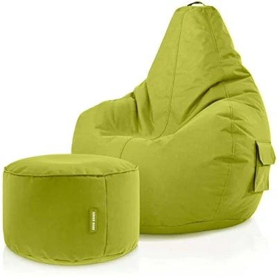 Abbildung von Green Bean 2er Set Sitzsack + Hocker fertig befüllt robust waschbar schmutzabweisend Kinder &amp; Erwachsene Bag Bodenkissen Lounge Sitzhocker Relax Sessel Gamer Gamingstuhl Pouf Grün