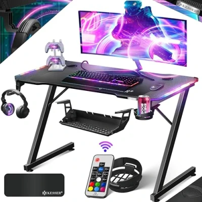 Abbildung von KESSER® Gaming Tisch LED 100cm x 60cm Z Form Gamer Schreibtisch Kopfhörerhaken &amp; Kohlebeschichtung Ergonomischer PC Computertisch Stabiler mit Getränkehalter Schwarz