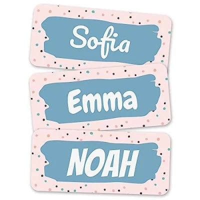 Abbildung von melu kids® Personalisierte Namensaufkleber Kinder Kleidung &amp; Sonstiges (100 Stück) Kita/Schule Namensschilder waschmaschinenfest und personalisiert (Punkte)