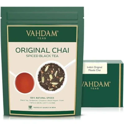 Abbildung von VAHDAM, Original Chai Spiced Black Tea (200g) Mischung Aus Schwarzer Tee, Zimt, Kardamom, Nelken Und Schwarzem Pfeffer Gewürzter Tee Brühen Latte