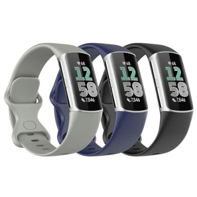 Abbildung von Astorgos 3 Stück Armband Kompatibel mit Fitbit Charge 6/Fitbit 5 für Damen Herren, Weiches TPE Uhrenarmband Ersatzarmband, Schwarz/Dunkel Blau/Rock Grau
