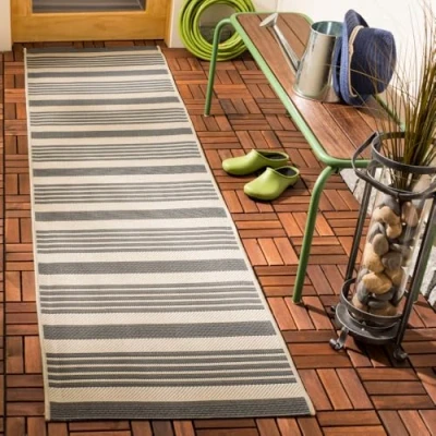 Abbildung von SAFAVIEH Geometrisch Teppich für Wohnzimmer, Esszimmer, Schlafzimmer Courtyard Collection, Kurzer Flor, Grau und Knochen, 69 X 244 cm