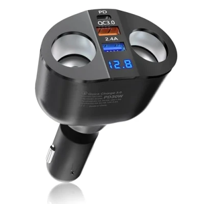 Abbildung von PD USB C Auto Ladegerät 120W: Zigarettenanzünder Verteiler Adapter 12V KFZ Stecker Splitter 2 Fach Steckdose 12 Volt DC Schnellladung mit LED Voltmeter für Samsung Handy GPS Kamera Sitzheizung